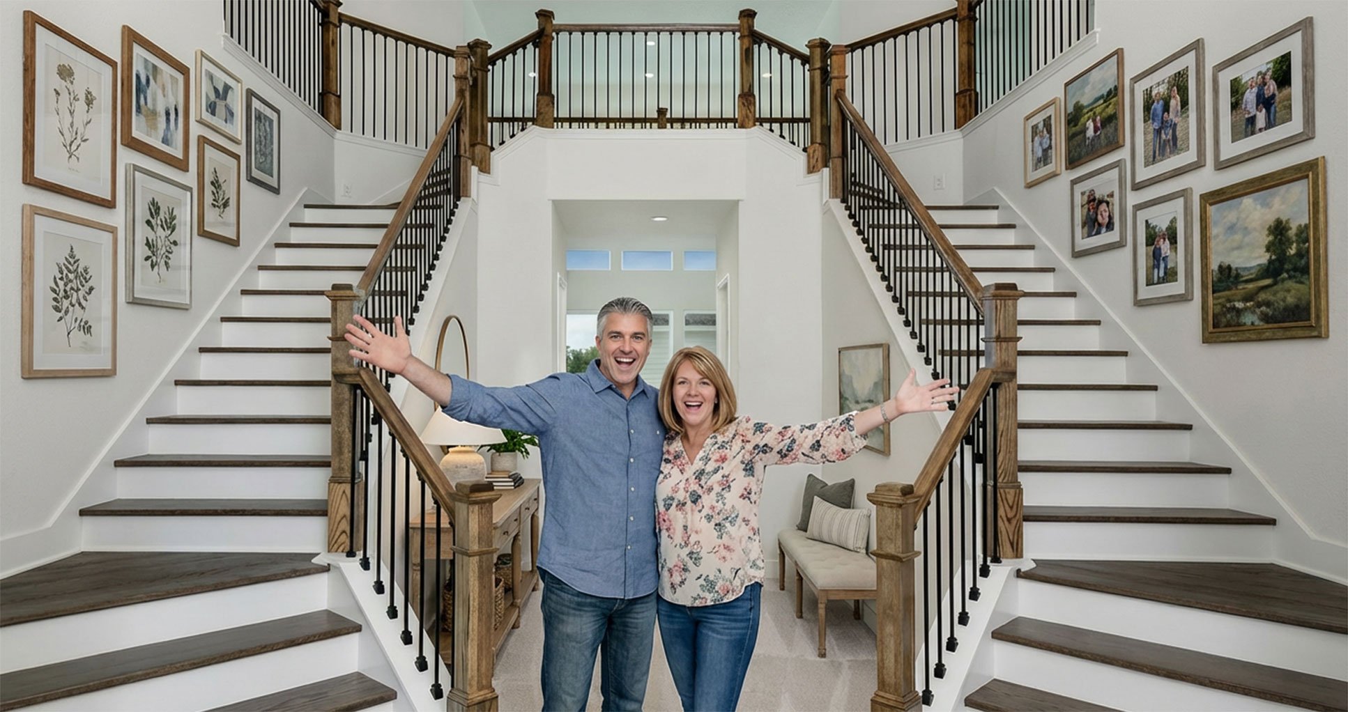 Happy couple standing at the bottom of a double staircase in their new custom florida home